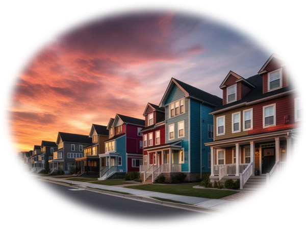 Row of colorful, modern suburban houses at sunset with dramatic clouds in the sky.